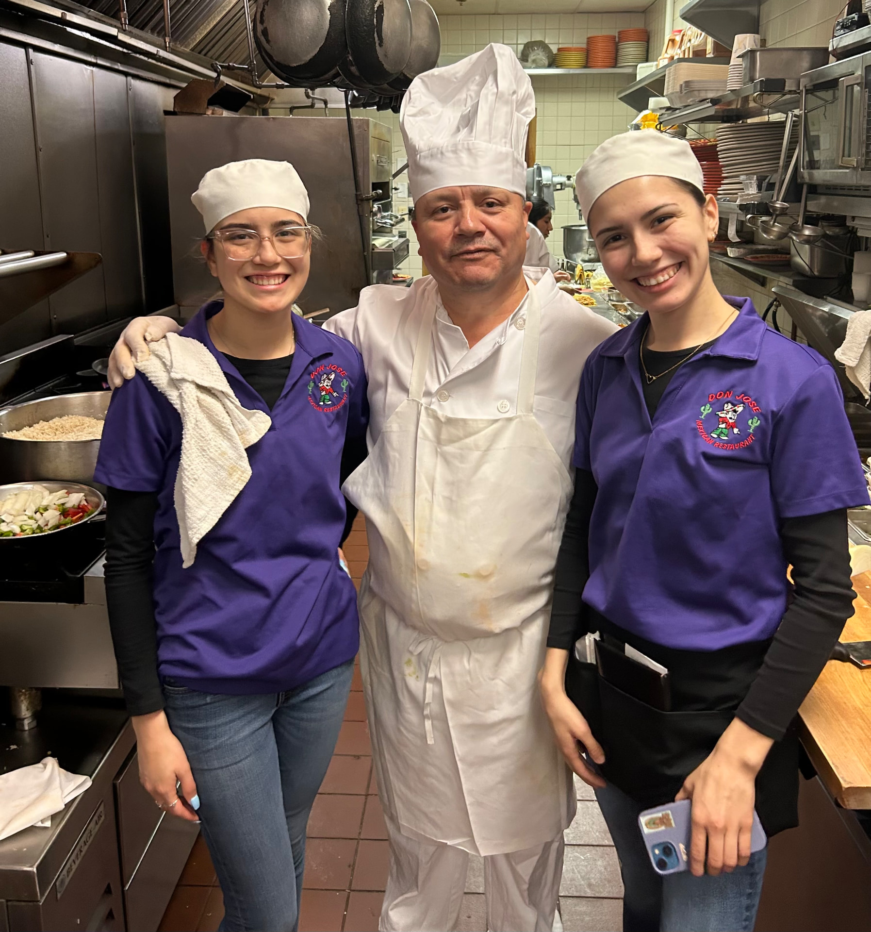 Chef Jose Luis Arceo with his two daughters in the Don Jose Netcong kitchen